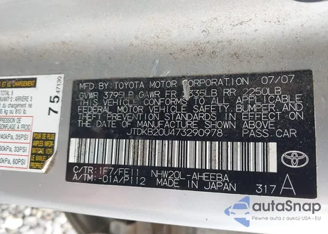 2007 Toyota Prius из США, поврежденный, VIN JTDKB20U473290978